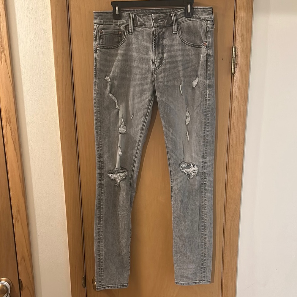 American Eagle Outfitters Men’s Airflex Skinny Jeans Distressed Gray Size 34x34